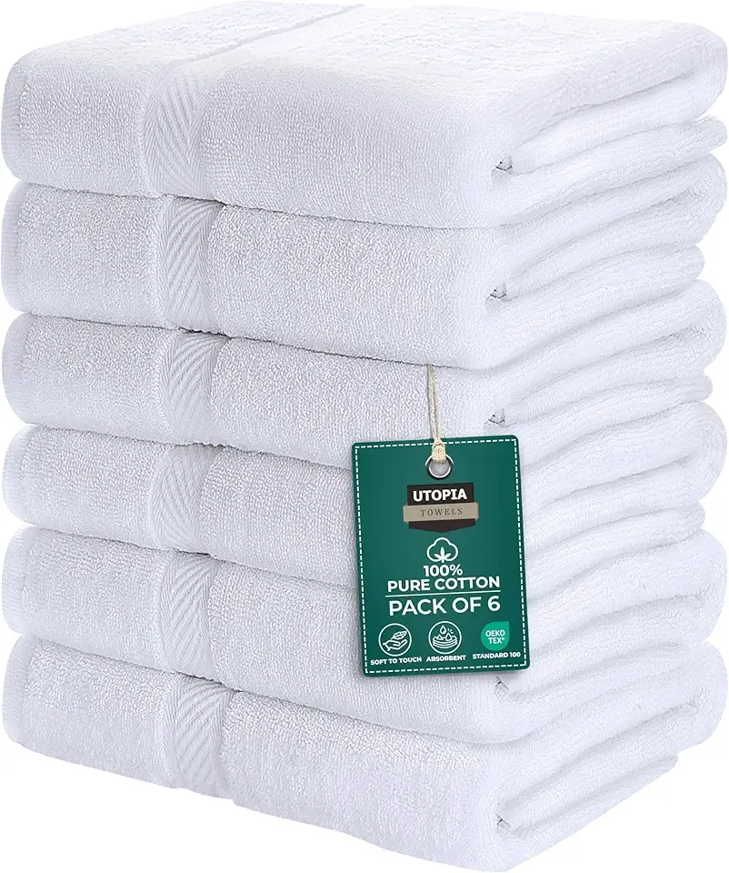 Utopia Towels 6 Pack Medium Bath Towel Set, 24 by 48 Inches, 500 GSM 100% Ring Spun Cotton, Lightweight and Highly Absorbent Quick Drying Premium Towels for Hotel, Spa and Bathroom, White