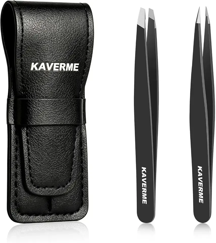 2Pcs Eyebrows Tweezers Set, Upgrade Professional Precision Tips, Black | Slant and Point Tips for Eyebrows, Facial Hair and Ingrown Hair Removal