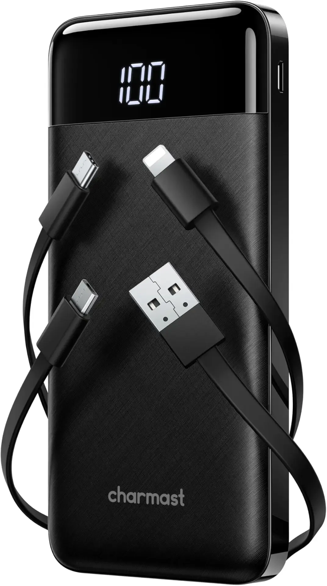 charmast Portable Charger with Built in Cables, Power Bank with Cords Wires, Slim 10000mAh Travel Battery Pack 6 Outputs 3 Inputs 3A Fast Charging for Samsung Google Pixel LG Moto iPhone iPad