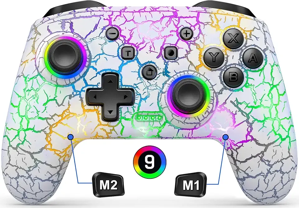 Gammeefy Switch Controller, Wireless Switch Pro Controller for Nintendo Switch/Lite/OLED, 9 Color Adjustable LED Switch Remote Compatible with PC/Android/IOS with Programmable Function (White)