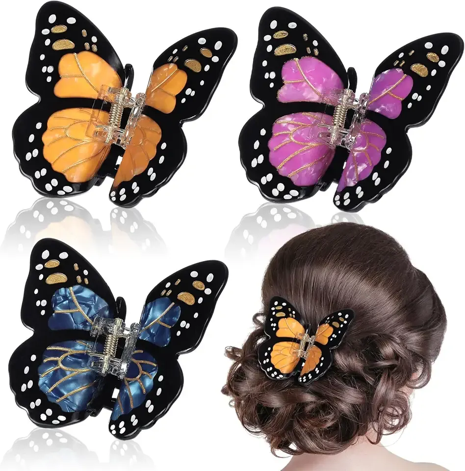 3 Pcs Monarch Butterfly Hair Clips for Women, 3D Butterfly Nonslip Strong Hold Claw Clips for Hair Decor Costumes Accessories Christmas Hoilday Gift, 3 Color Orange Purple Blue