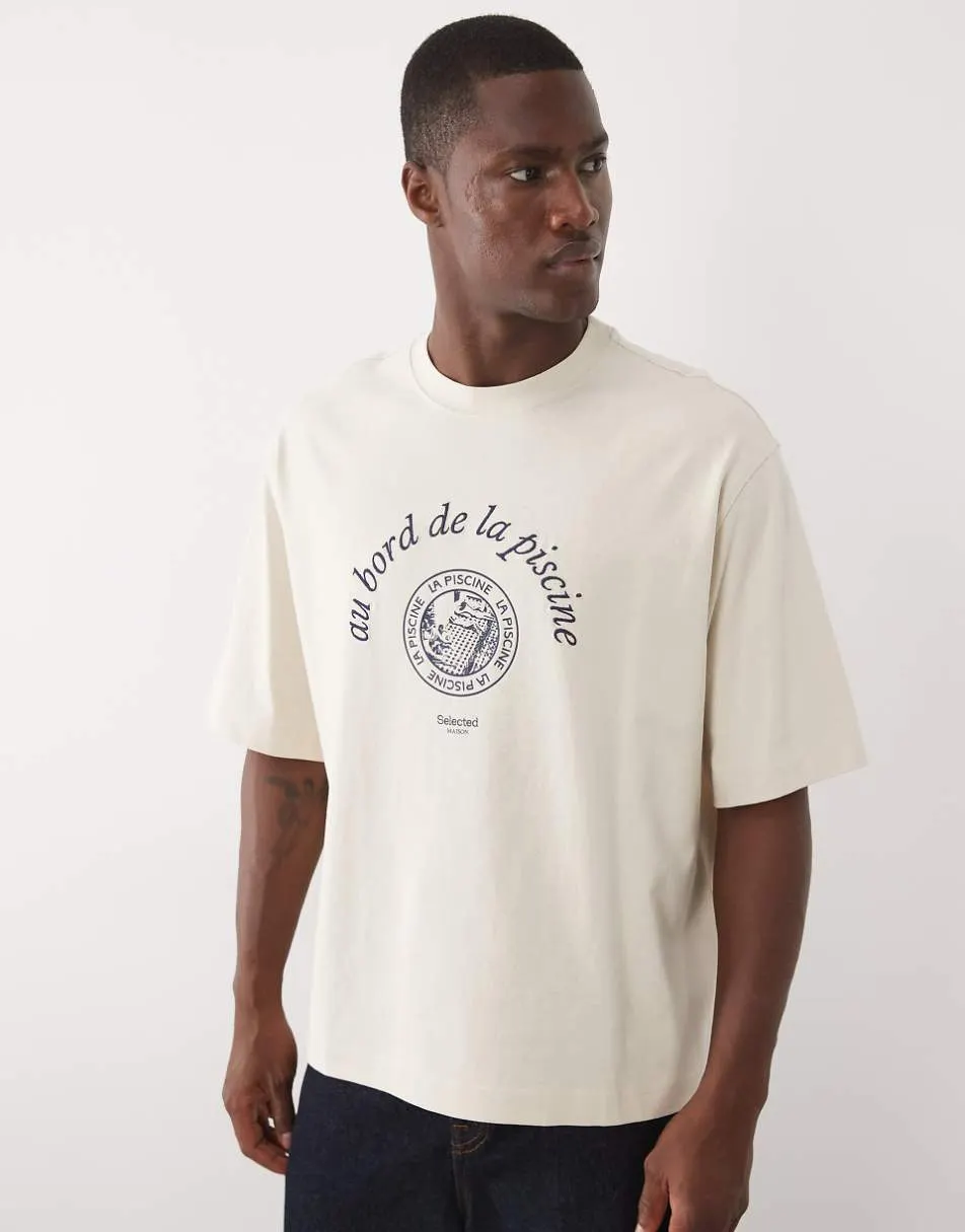 Selected heavyweight t-shirt with front print in cream