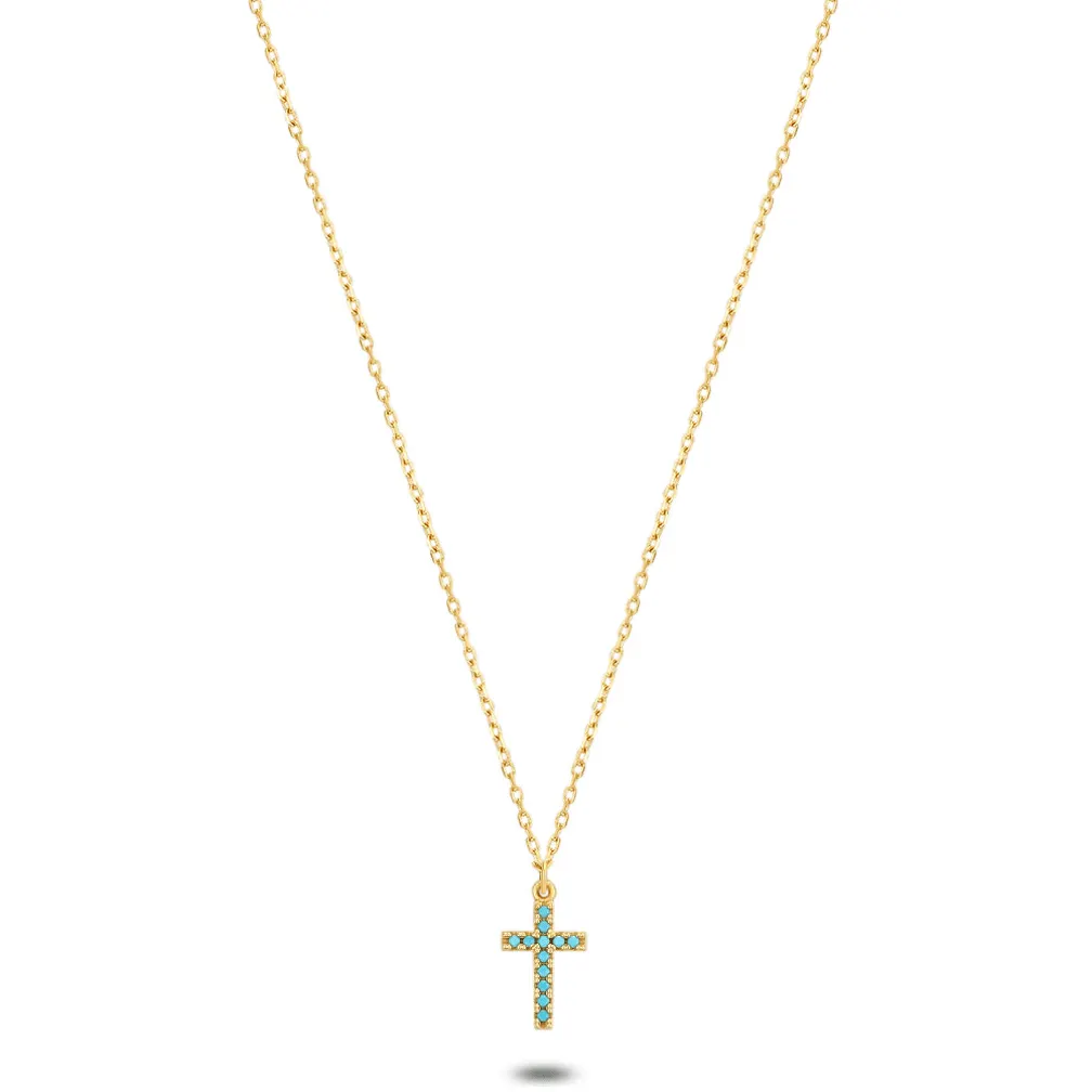 Halsketting in 18kt verguld zilver, kruisje, turquoise zirckonia