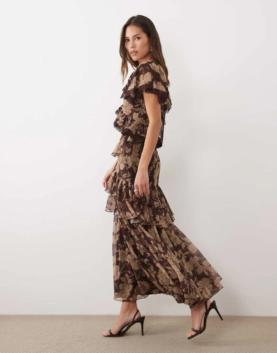 ASOS DESIGN circular ruffle dress with trim detail and open back in brown floral