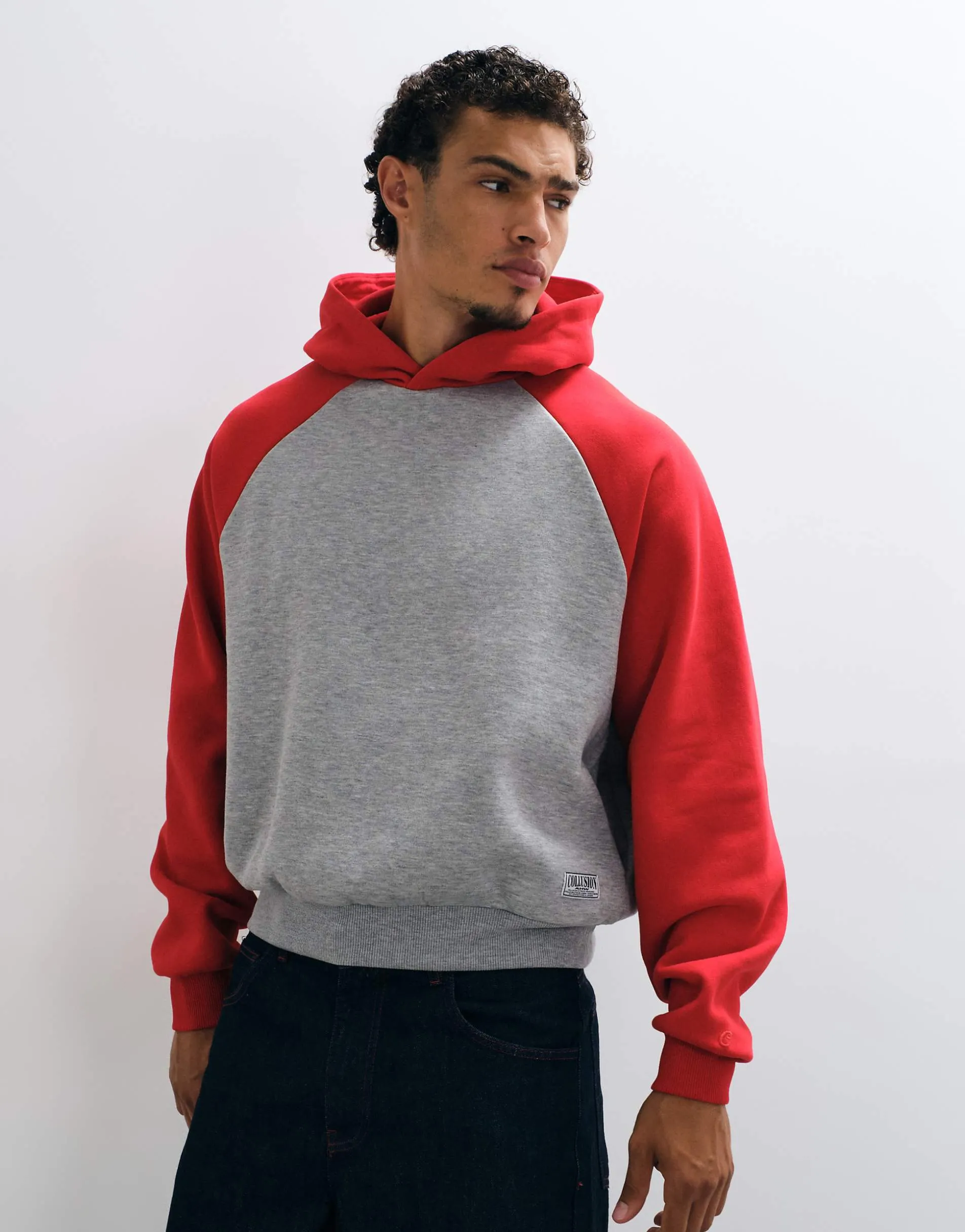 COLLUSION boxy raglan hoodie in grey marl + red