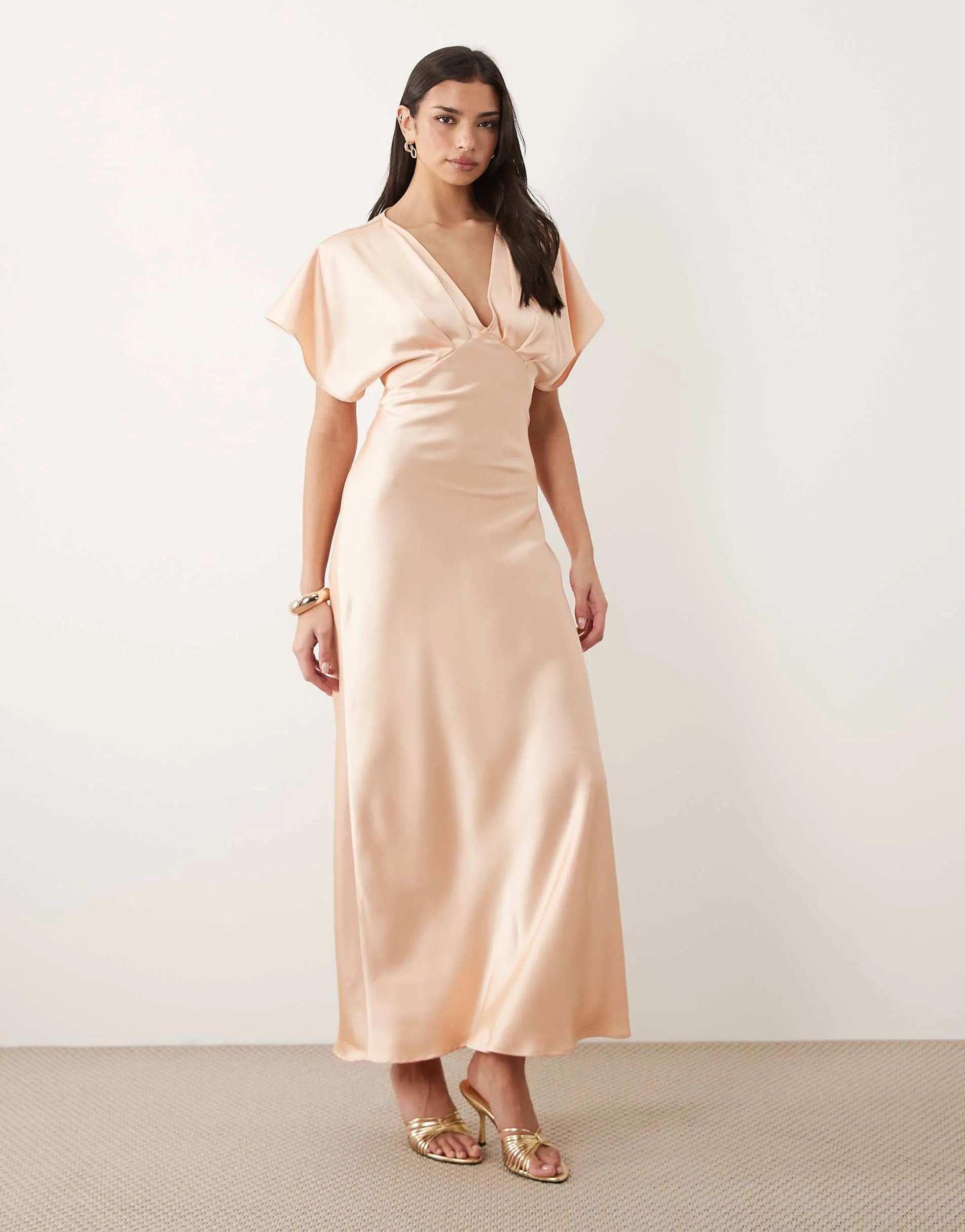 Gina Tricot batwing plunge satin maxi dress in peach