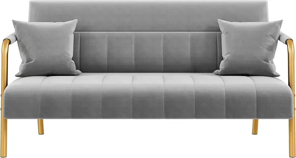 56.5" W Modern Sofa Small Sofa Luxurious Velvet Fabric Couch with Gold-Tone Metal Arms and Legs for Living Room, Home Office, Studio Light Gray