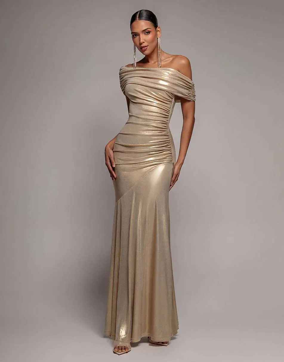 Goddiva Foil pleated one shoulder bardot fit and flare maxi dress in gold