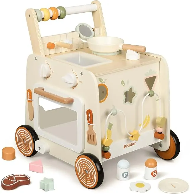 Pithfor Wooden Baby Walker, 3-in-1 Baby Push Walker, with Pretend Kitchen, Montessori Sensory Activity Center, Push Walker Toys for Babie…
