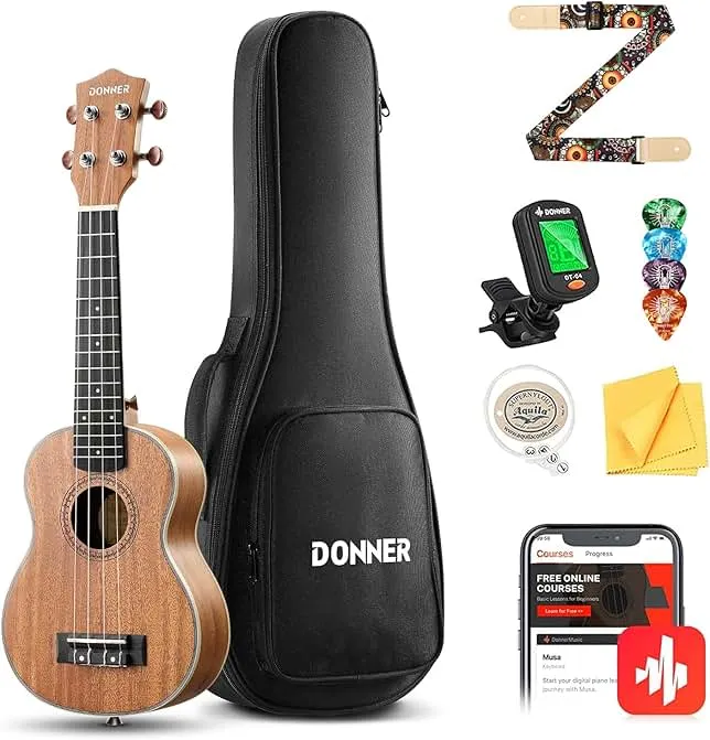 Donner Soprano Ukulele Mahogany Wood 21 inch Ukelele Beginner Kit with Free Online Lesson Gig Bag Strap Nylon String Tuner Picks Ukalalee Yukalalee Bundle Pack DUS-200