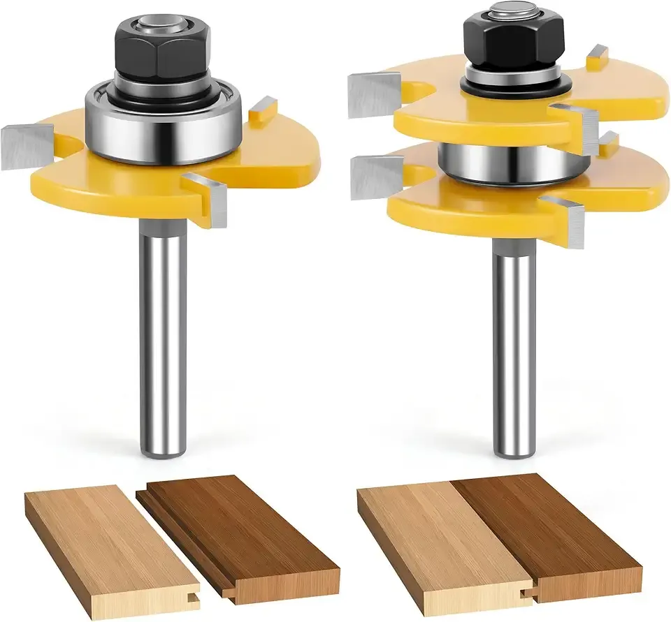 Junreox 2PCS Tongue and Groove Router Bit Set, 3rd Gen. 1/4 Shank Router Bits for 3/4" Stock, 1/2" Cutting Depth, Adjustable 3 Teeth Shaker Cabinet Door Router Bits for Woodworking, Milling, Cutting