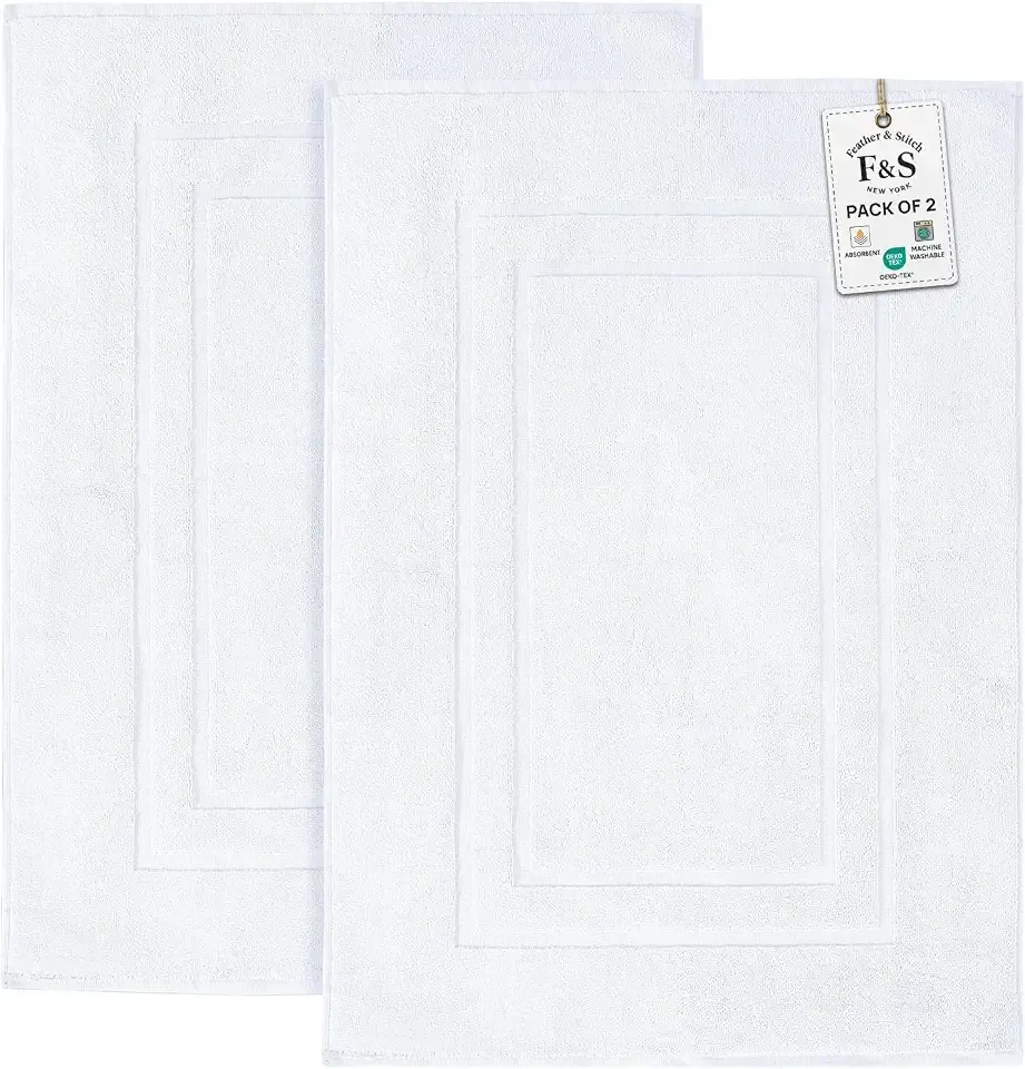 Feather & Stitch 100% Cotton Bath Mats 2 Piece 30x21 Inches, White