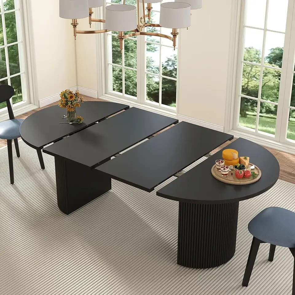 41 in-78 in Extendable Dining Room Table for 4-8, Round Expandable Kitchen Table with Fluted Base, Modern Oval Dinner Tables for Dining Room Kitchen Living Room (Black)