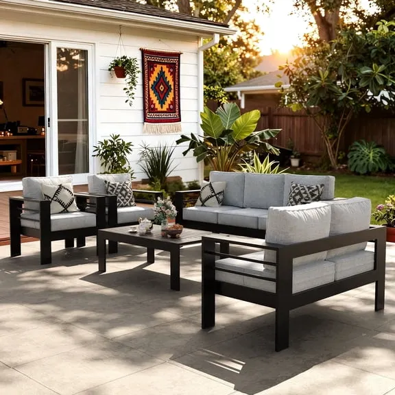 LayinSun Outdoor Aluminum Furniture Set, 5 Pieces Patio Sectional Conversation Chat Sofa Modern Seating Set with Coffee Table