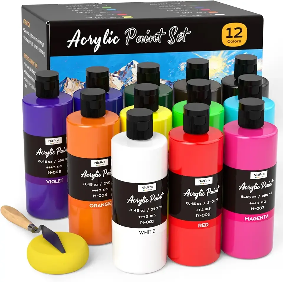 Nicpro 12 Colors Large Bulk Acrylic Paint Set (8.45 oz,250 ml) Rich Art Painting Supplies, Non Toxic for Multi Surface Rock Canvas Wood Ceramic Leather Fabric Craft, for Adult with Color Wheel