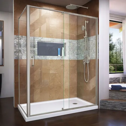 DreamLine Flex 56 to 60 in. W x 34.5 in. D x 72 in. H Semi-Frameless Corner Pivot Shower Door Enclosure in Brushed Nickel with Clear Tempered Glass
