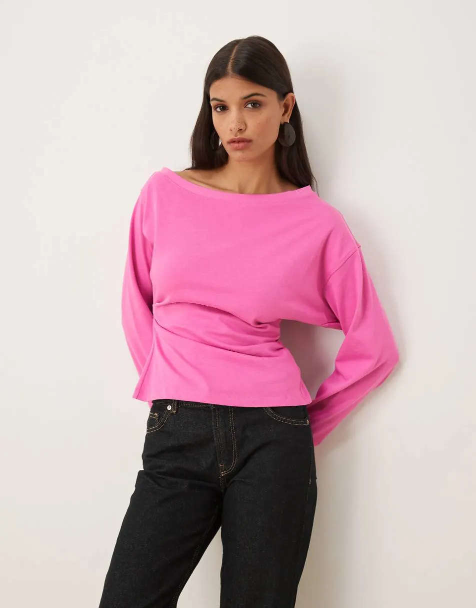 ASOS DESIGN long sleeve off shoulder corset waist tee in bright pink