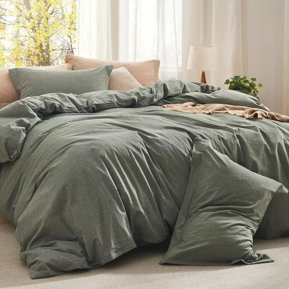 Bedsure Comforter Set Queen Size Grayish Olive Green - Cotton Fabric with Microfiber Inner Fill, Queen Comforter Set for All Seasons, 3 Pieces, 1 Comforter (90"x90") and 2 Pillow Cases (20"x26")