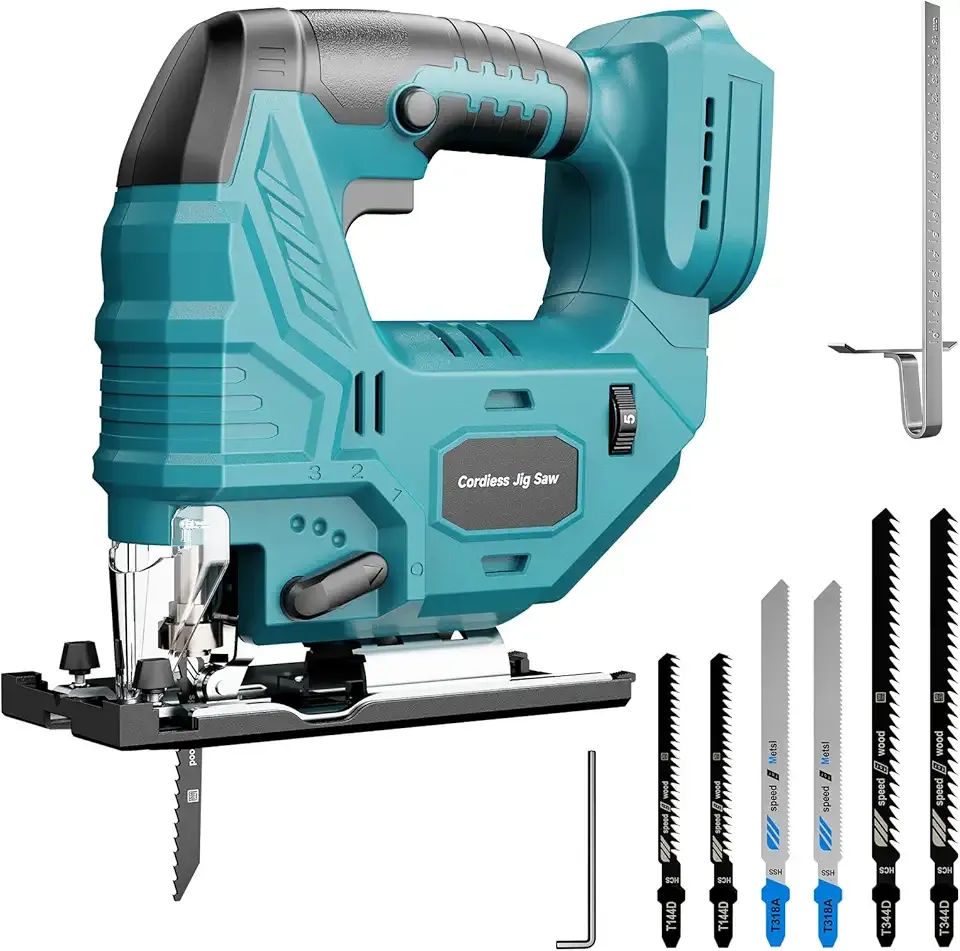 Cordless Jigsaw Compatible with Makita 18V Battery, Brushless Motor, 7-Speed Variable Control, 3200 RPM, 800W Power, Guide Rail, 0–45° Bevel, LED Light, 6 Blades (Tool Only)