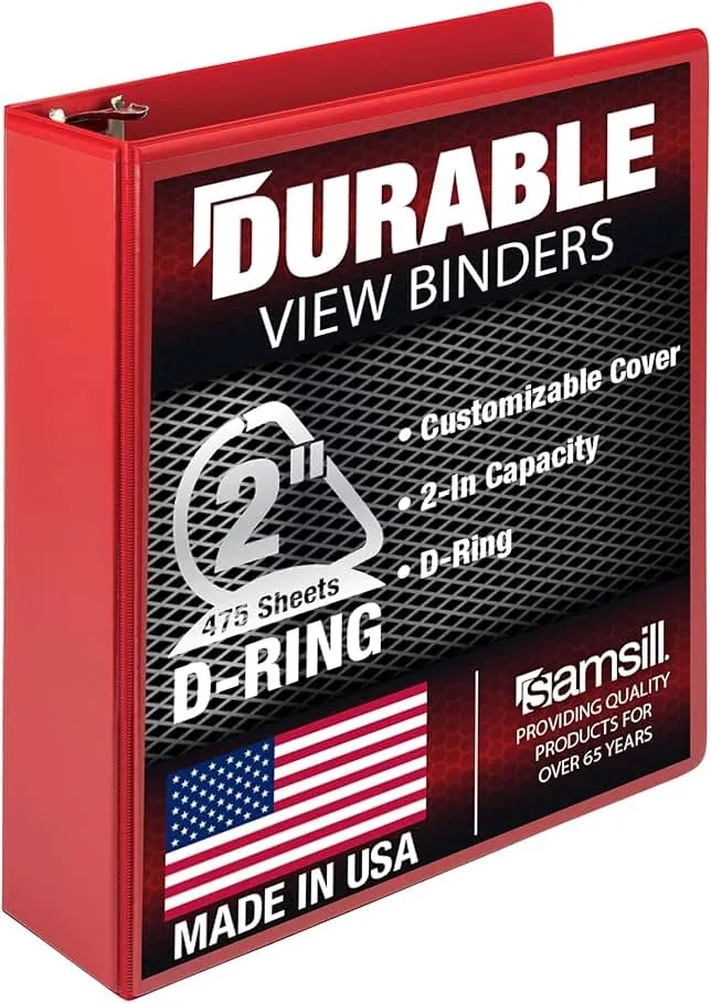 Samsill Durable 2 inch 3 Ring Binder, Made in USA, D Ring Binder, FSC 100% Recycled Chipboard, Red