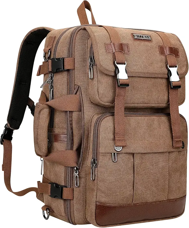 WITZMAN Canvas Travel Backpack for Men Large Laptop Backpack Fits 16 Inch | Expandable 32L to 42L, Carry-on Airline Approved Convertible Shoulder Rucksack, For Vacation, Overnight Trip, A6617 Brown