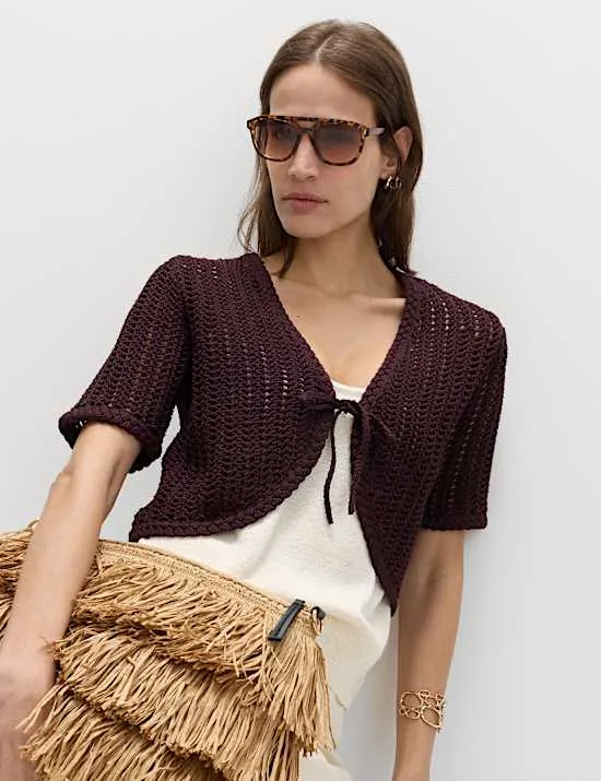 Offene Strickjacke mit V-Ausschnitt und Bindedetail