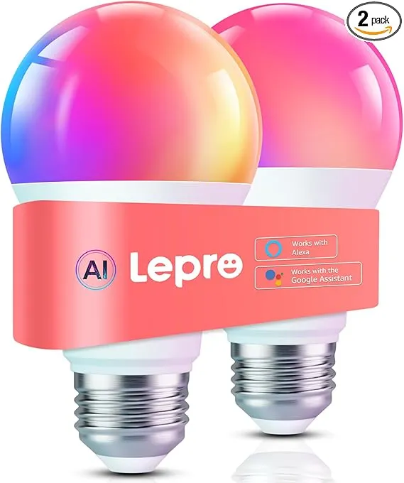 Lepro B1 AI Smart Light Bulbs - WiFi & Bluetooth RGBWW Color Changing LED Bulb Works with Alexa & Google Assistant, Personalized Al Lighting Designer, AI Voice Control, Music Sync, 2.4GHz Only, 2 Pack