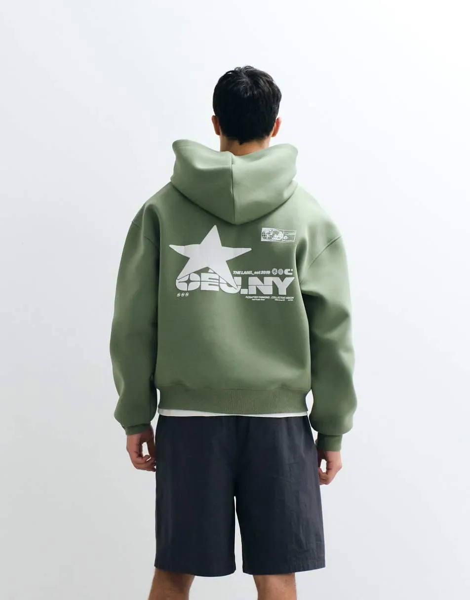 ASOS DESIGN relaxed boxy zip through hoodie print in green