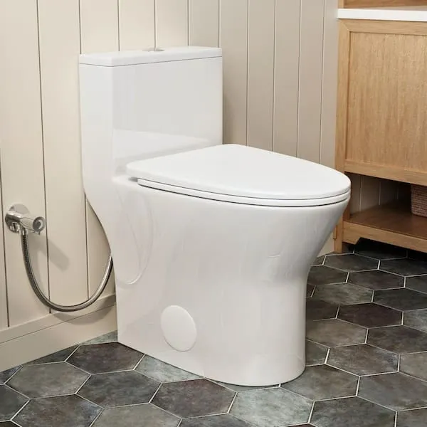 Los Flexi 24.​8 in.​ D Compact 1-​Piece Toilet 18 in.​ Tall Elongated Soft Close Seat White Dual Flush 1.​0/​1.​28 GPF 12 in.​ Rough-​In