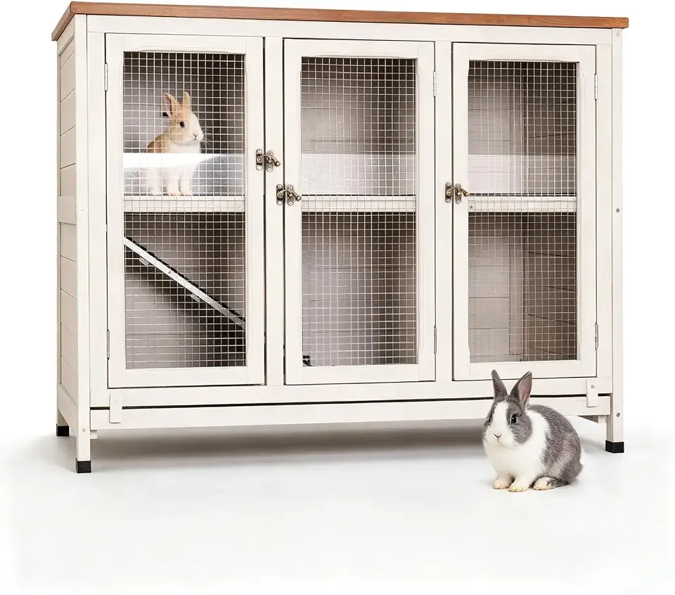 2-Story Indoor Rabbit Hutch with Pull-Out Tray & Clear Guard Panel