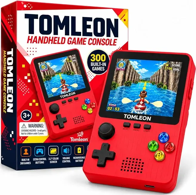TOMLEON Handheld Game Console for Kids, 300 Built-in Games, 3.2 Inch Color Screen, Rechargeable Portable Video Game Player with Joystick, Red