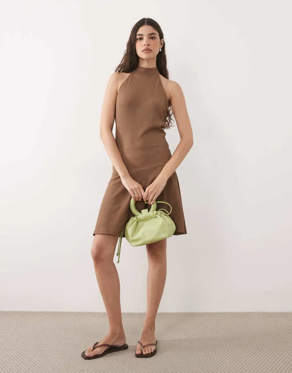 ASOS DESIGN textured halter neck mini dress in brown