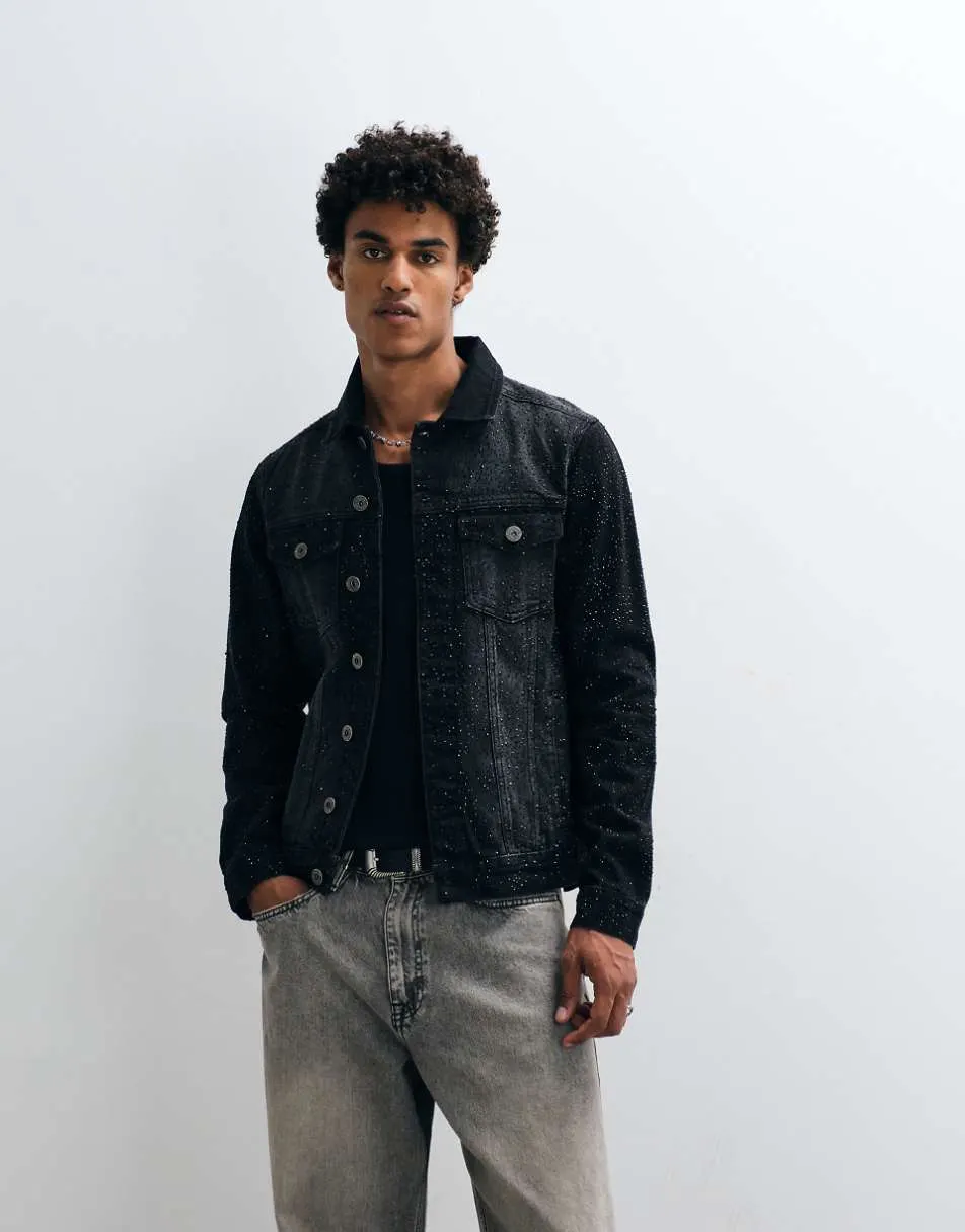 Courtside rhinestone embellished denim jacket in black wash