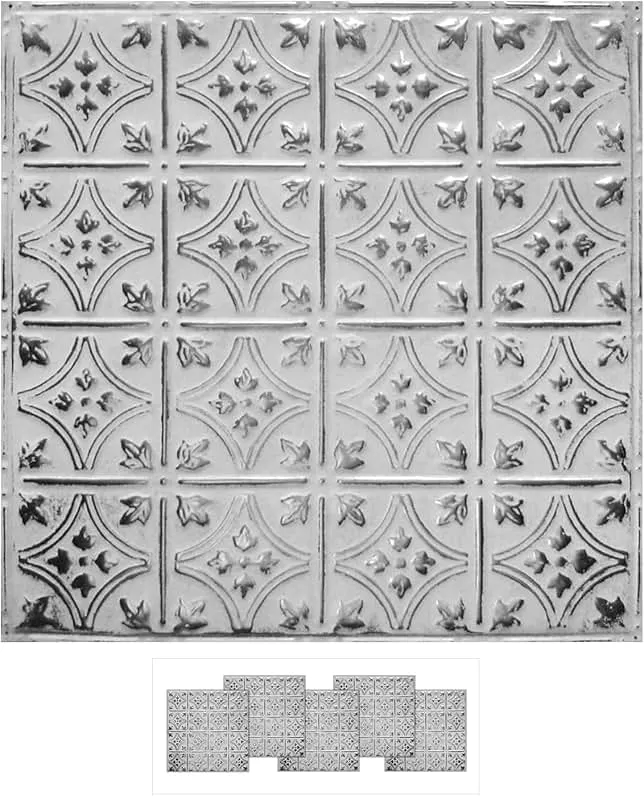 American Tin Ceilings [5 Pack Kit 24" x 24" 100% Tin Nail-Up Ceiling Tiles | Pattern #3 Silver Washed White Small Victorian Design with Floral Arching Diamonds for Ceilings & Kitchens