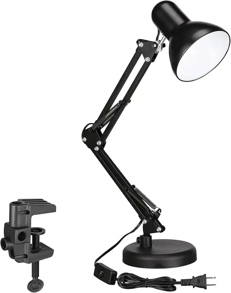 TORCHSTAR Metal Desk Lamp with Clamp, Swing Arm, Architect Adjustable Gooseneck Table Lamp, Clip Desk Lights for Home Office, Work, Study, Reading, E26 Base, Multi-Joint, Black