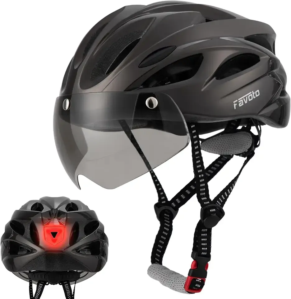 Favoto Bike Helmet Adult Men Women, Cycling Bicycle Helmet, Titanium, M | Meets CPSC Standard, Magnetic Goggles for Sun and Rain, Type-C Rear Light, Sturdy EPS 300g, 14 Cooling Vents, Road Commuter