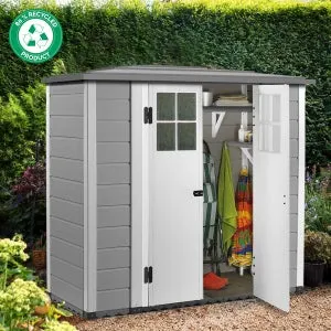 Casetta da giardino in PVC grigio 0.9 x 2.1 m, superficie esterna 2 m² e spessore parete 20 mm, con pavimento porta a due ante, GAROFALO Pagoda EVO L