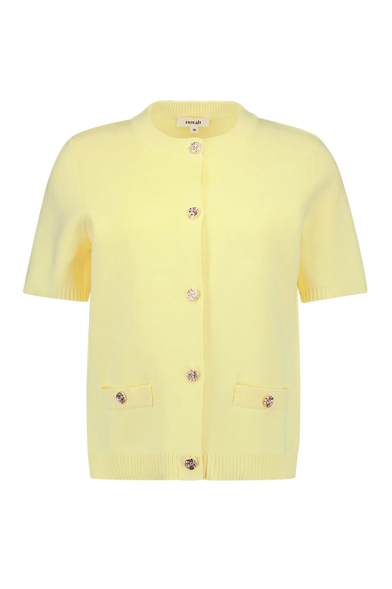 Geel gebreid vest met goudkleurige knopen