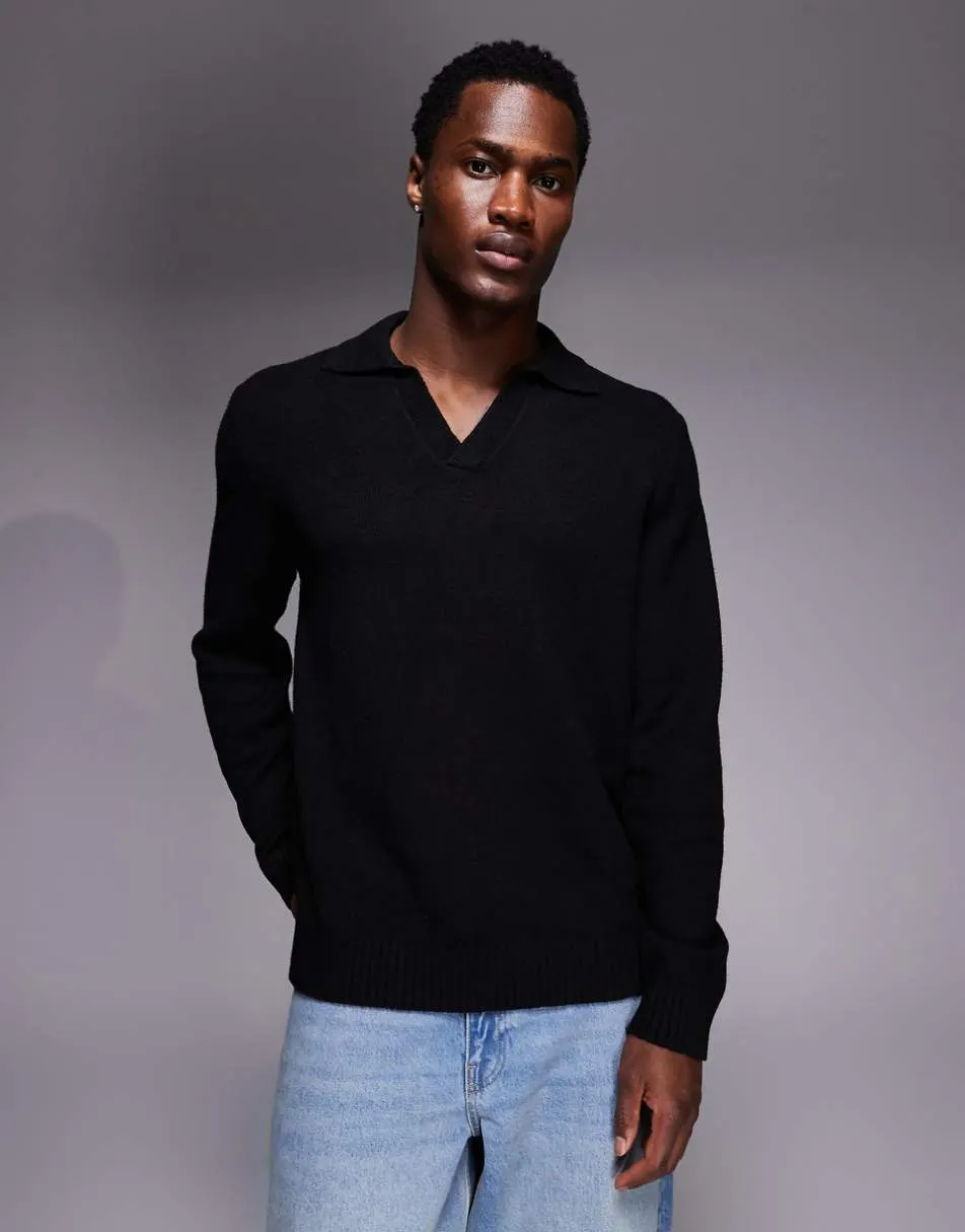 ASOS DESIGN relaxed knitted fluffy notch neck polo jumper in black