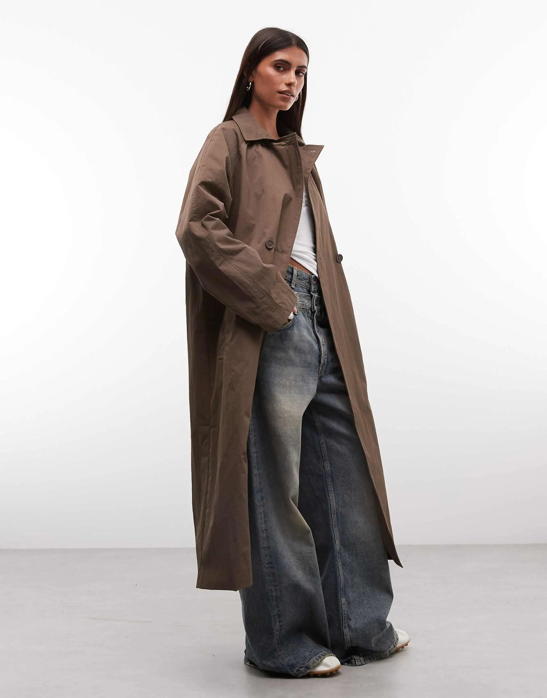 COLLUSION longline trench jacket in brown