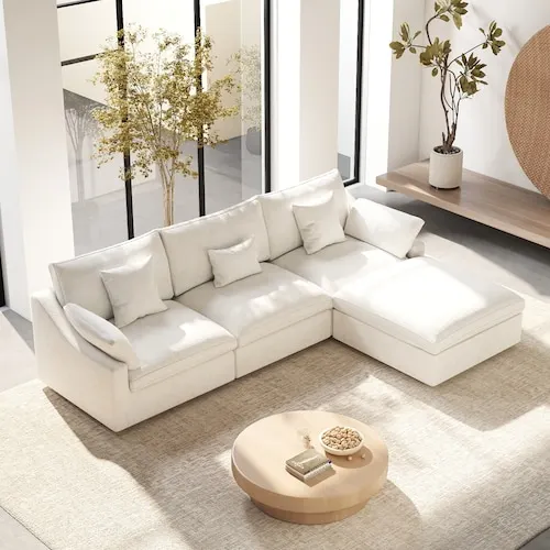 Down Filled 119 in. Flared Arm Linen Cloud Couch L-shaped Modular Sofa with Ottoman, Washable Covers in White