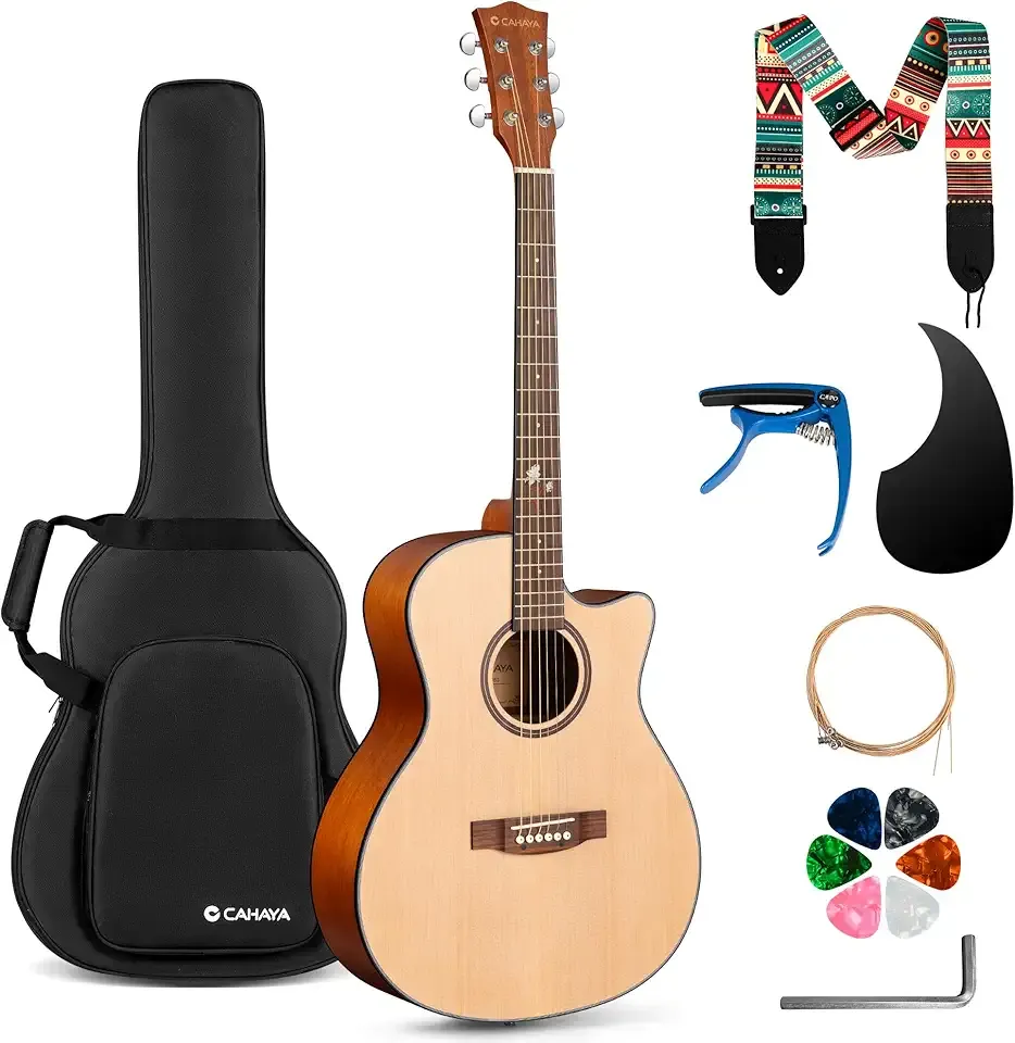 CAHAYA Acoustic Guitar Beginner Set - 41" Full Size Spruce Top Mahogany Body with Okoume Neck Rosewood Fingerboard, GA Cutaway Design, Balanced Rich Tone with Gig Bag, Strap, Capo, Strings & Picks