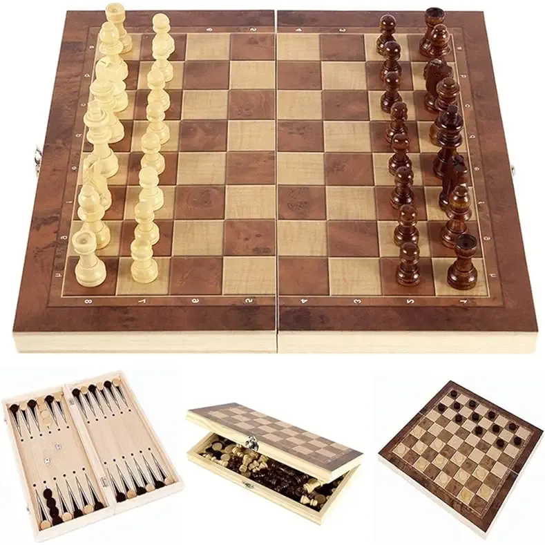 Chess Set, 3 in 1 Wooden Chess Board Game in Chess, Backgammon, Checkers