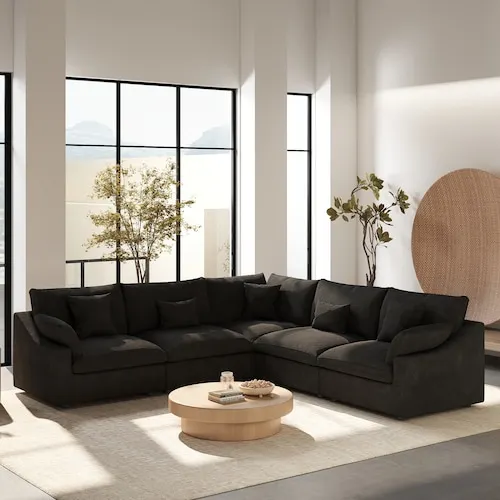 Modular Large 238 in. Flared Arm 5-Piece L-shaped Linen Cloud Couch Sectional Sofa in. Black