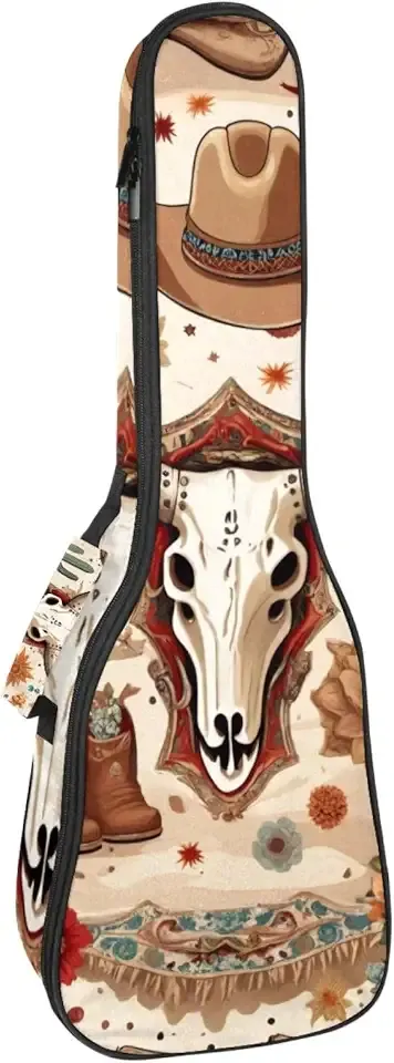 23 Inch Ukulele Case, Wild West Cowboy Boot Animal Skull Cacti Arrows Waterproof Ukulele Gig Bag with Adjustable Straps for Concert