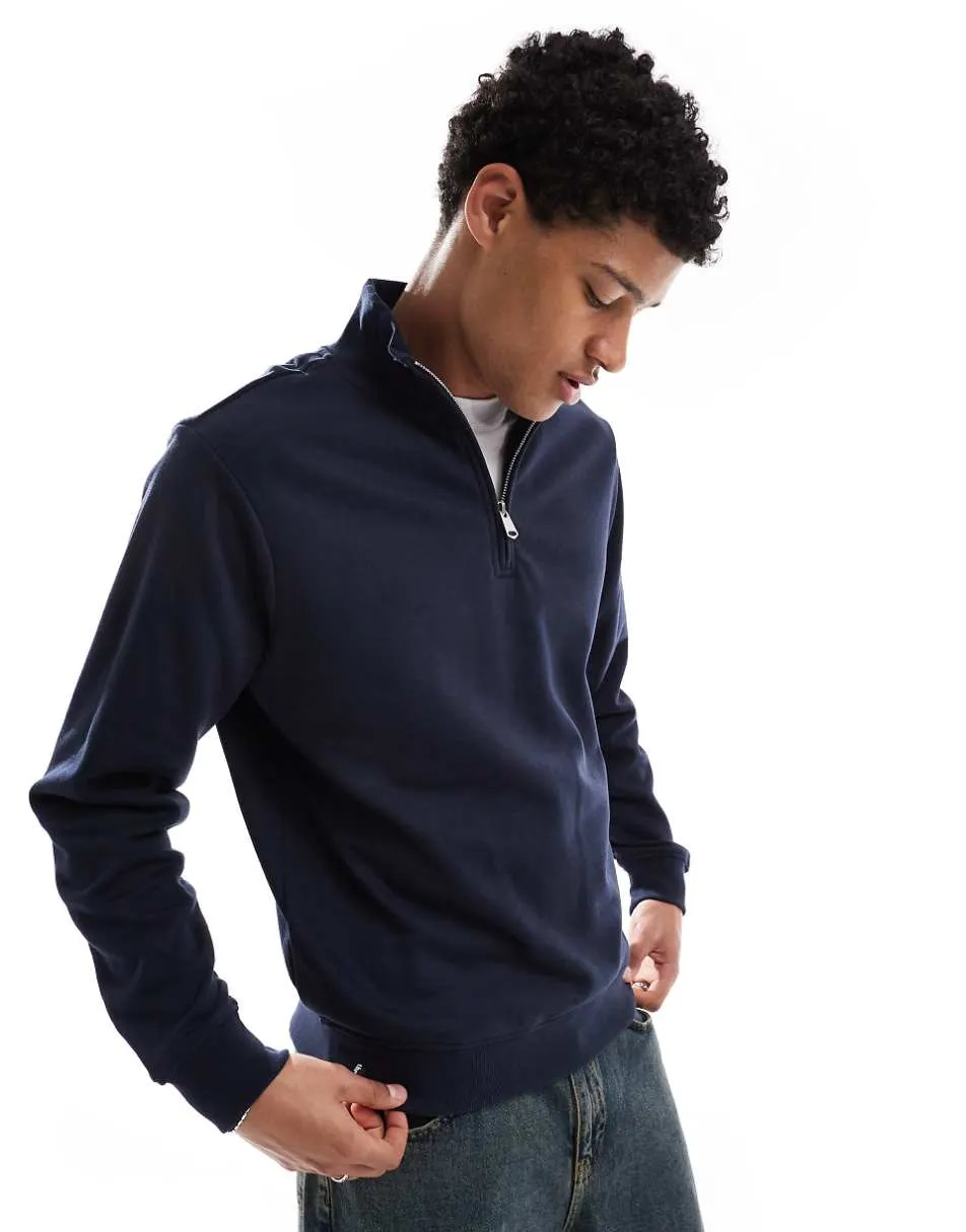 Threadbare Mock t-shirt quarter zip sweatshirt in navy