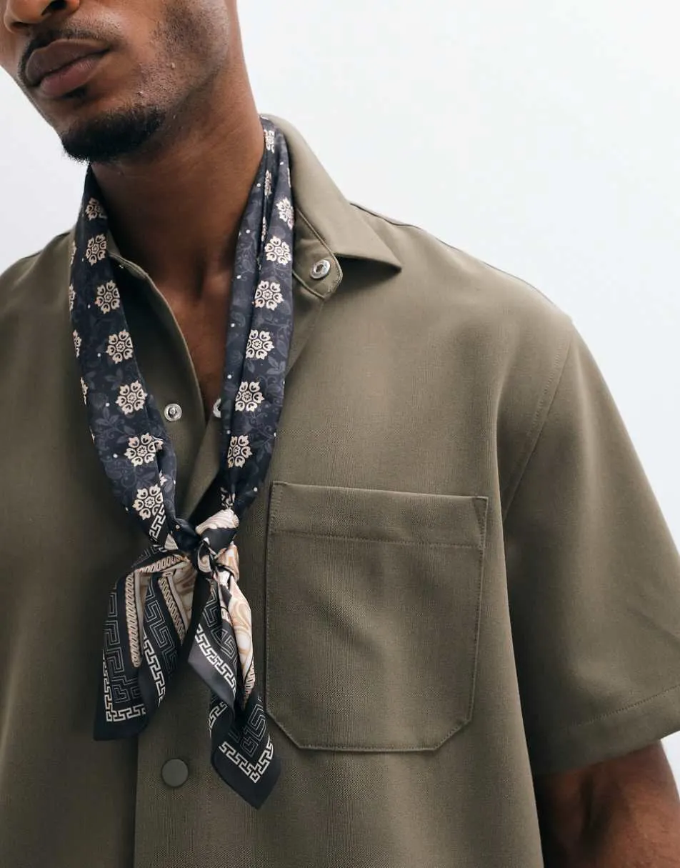 ASOS DESIGN vintage floral pattern satin triangle neck scarf in brown