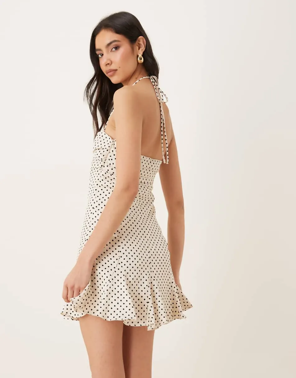 NIA Cahuenga polka dot ruffle edged mini dress in ivory