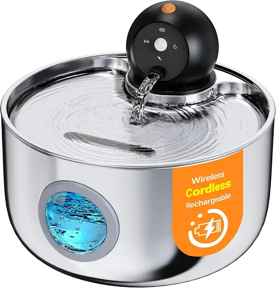 Wireless Cat Water Fountain Cordless: Stainless Steel Cat Fountains for Drinking - 88oz/2.6L Battery Operated Pet Water Fountain Indoor with Motion Sensor - Rechargeable Automatic Water Dispenser