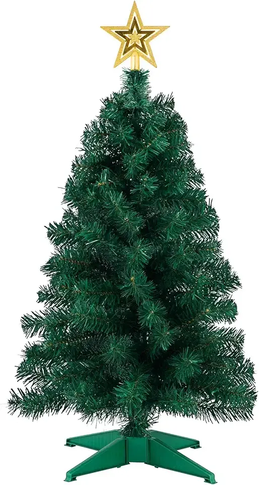 3ft Artificial Christmas Tree with Gold Tree Topper Star, Mini Xmas Pine Tree with 4-Leg Stable Plastic Base, Small Tabletop Christmas Decoration for Home Office Holiday Party Indoor Use
